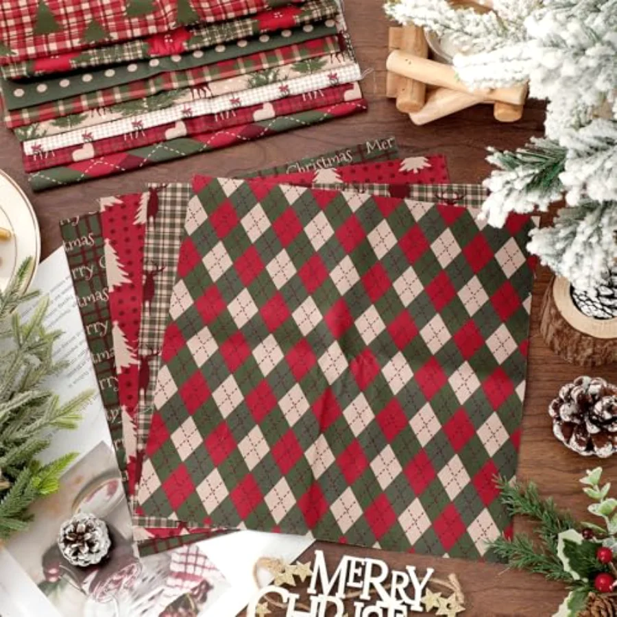 12Pcs Christmas Fabric Squares Woodland Poinsettia Reindeer Tree Cotton, view 4