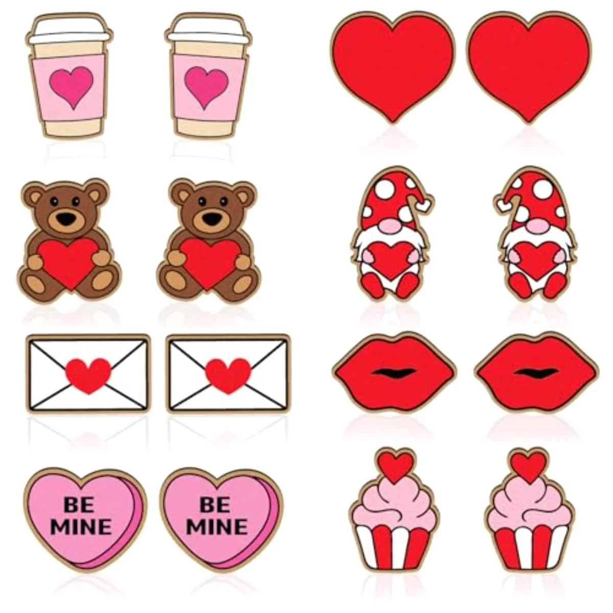 8 Pairs Valentine's Day Wooden Earring Studs Cute Conversation Heart Gnome