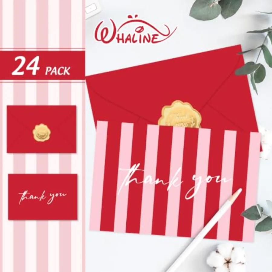 24 Pack Striped Thank You Cards Red and Pink Greeting Cards Blank Note, view 3