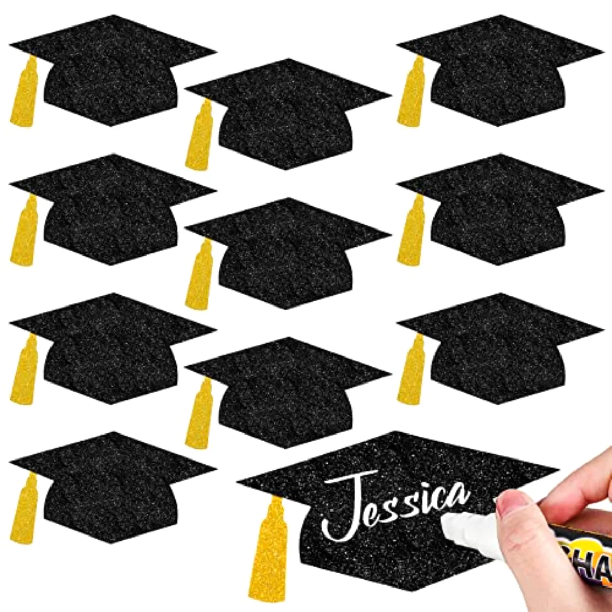 50Pcs Grad Caps Cutouts Glitter Black Gold Graduation Hat Cutouts 5.7 Inch