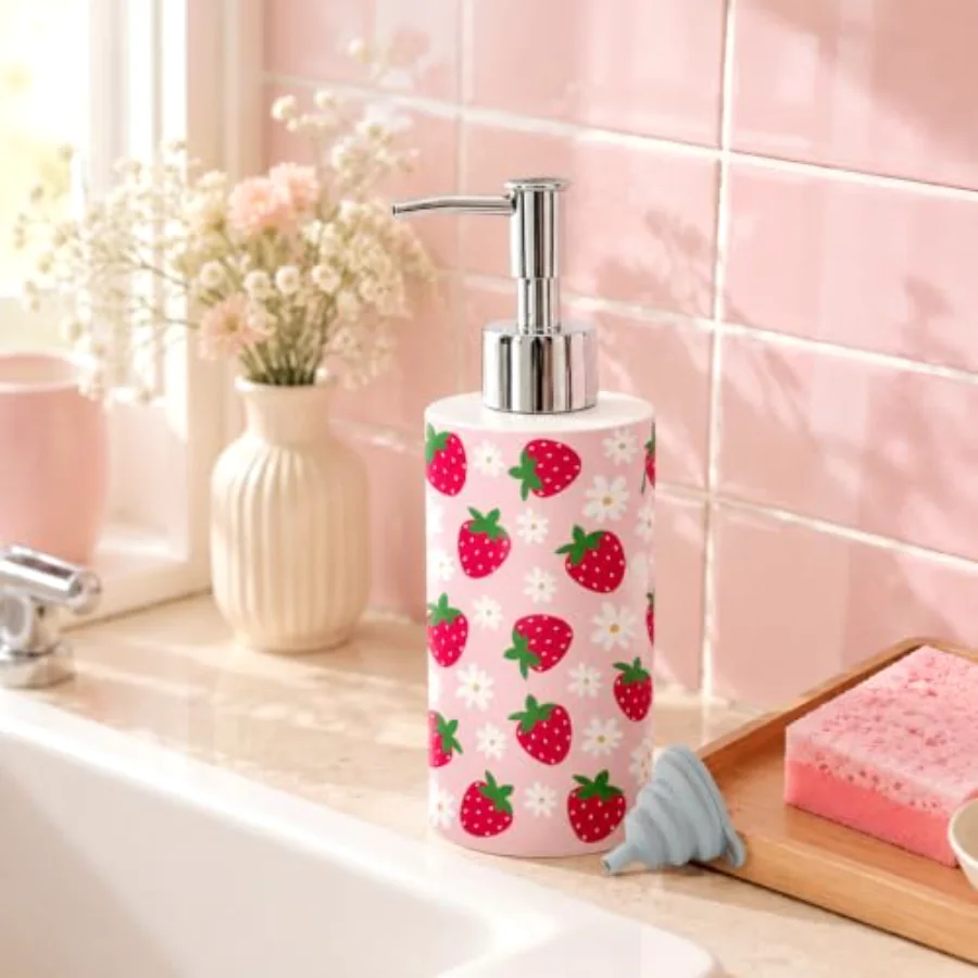 1 Pc Strawberry Soap Dispenser Glass Pink Floral Soap Dispenser with Pump, view 4