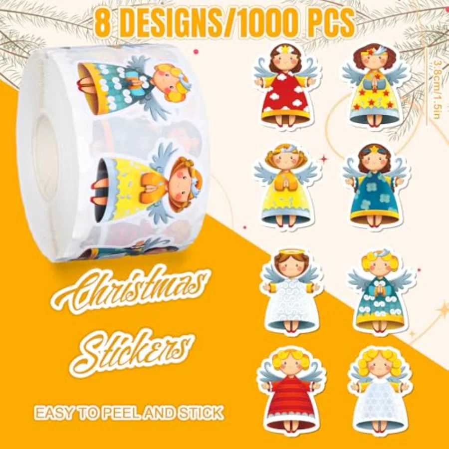1000Pcs Christmas Angel Stickers Roll Xmas Cartoon Angel Decals 8 Design, view 2