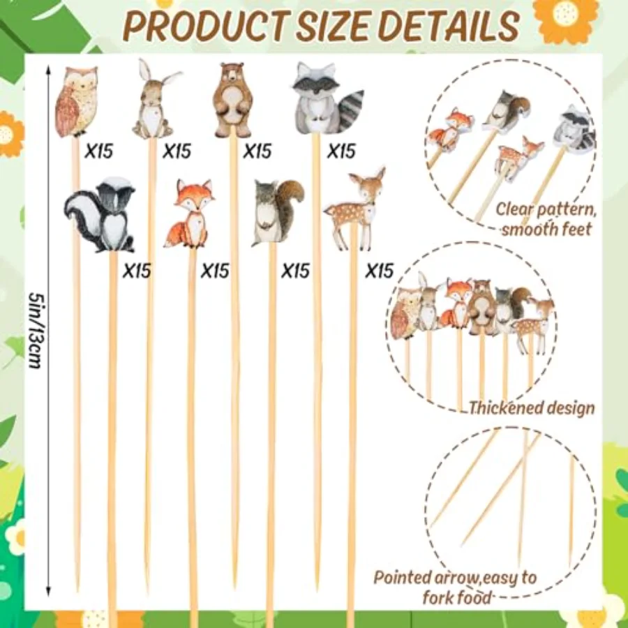 120 Pcs Woodland Animals Cocktail Picks 8 Styles Cute Jungle Animals, view 2