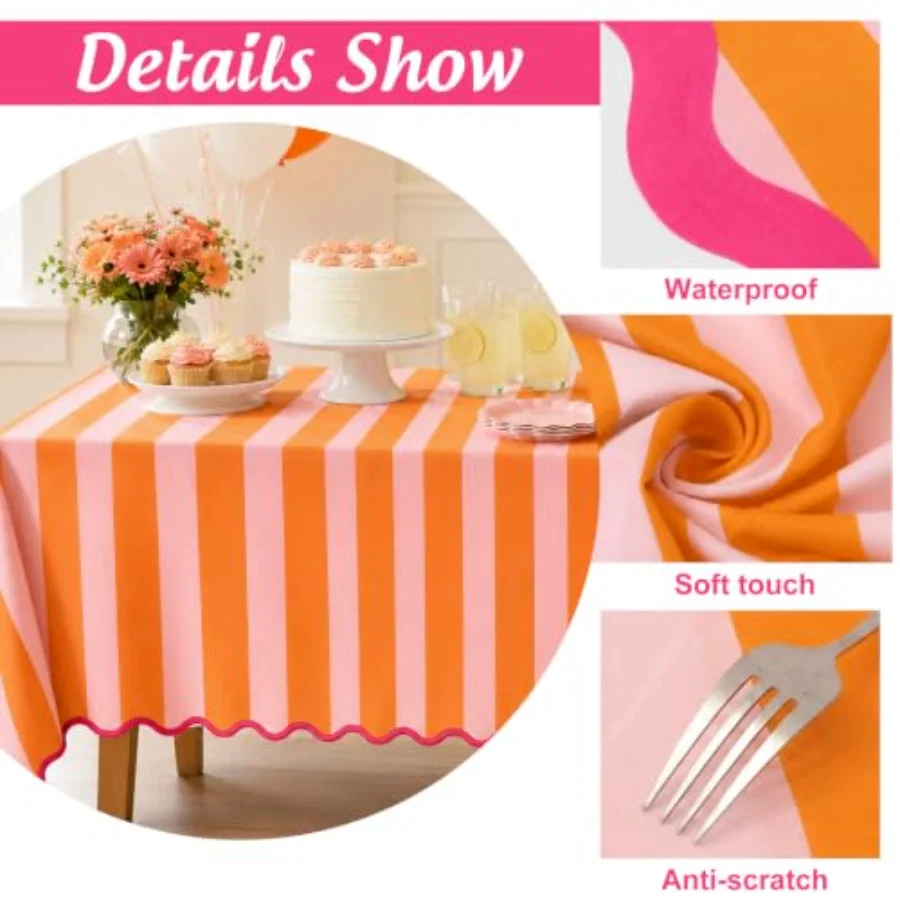 Scalloped Edge Tablecloth, Orange Pink Wide Striped, view 3