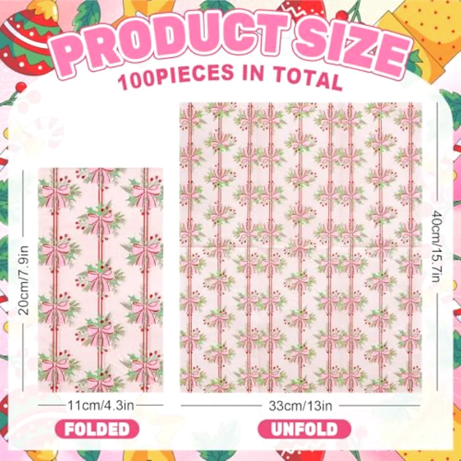 100Pcs Pink Bow Christmas Napkins Holly Berry Guest Napkins Xmas Bowknot, view 2