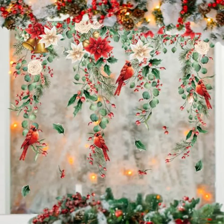 9 Sheets Christmas Floral Window Cling Stickers Hanging Poinsettia Flowers, view 4