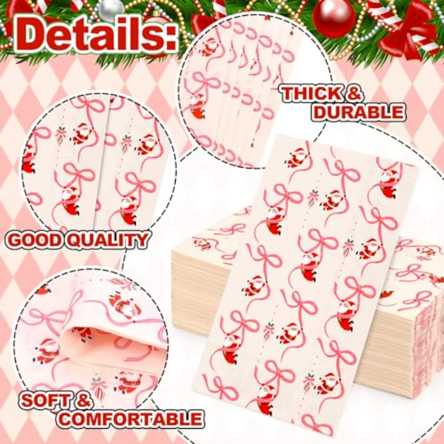 50 Pcs Christmas Bow Santa Guest Paper Napkins Pink Claus Disposable, view 3