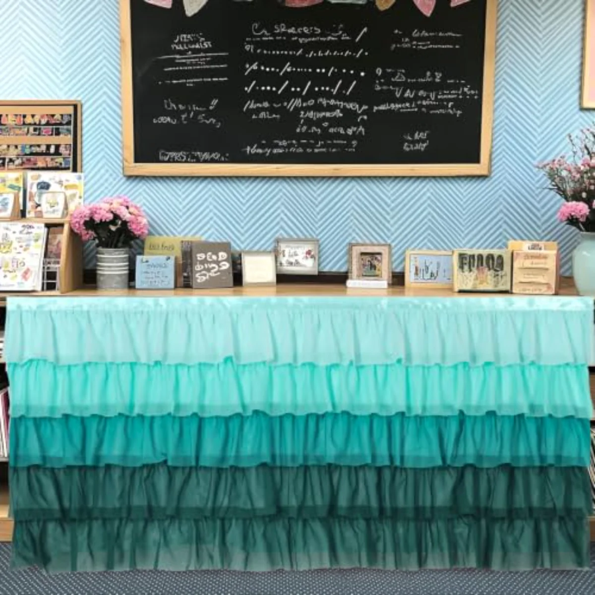 Teacher Table Skirt Green Blue Tulle Table Cover Ruffle Desk Skirt for