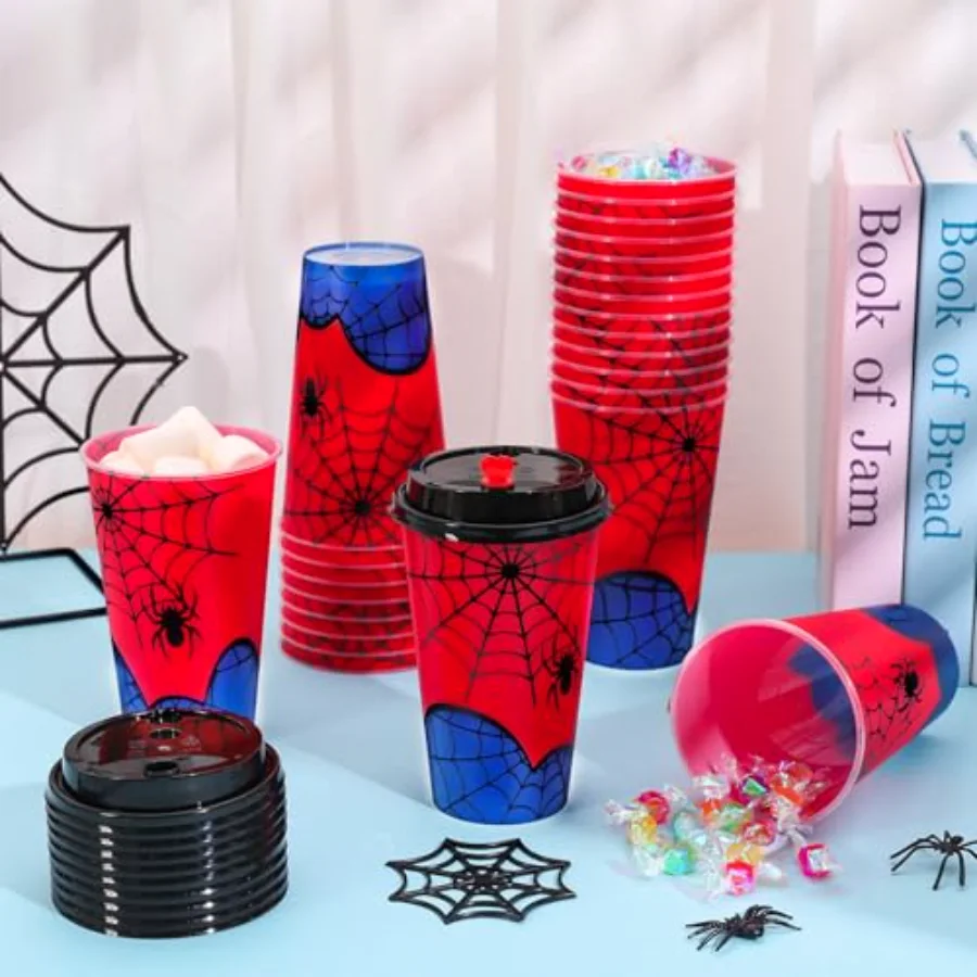 24 Pack Spider Web Goodie Cups 16Oz Reusable Red Blue Party Favors Plastic, view 4