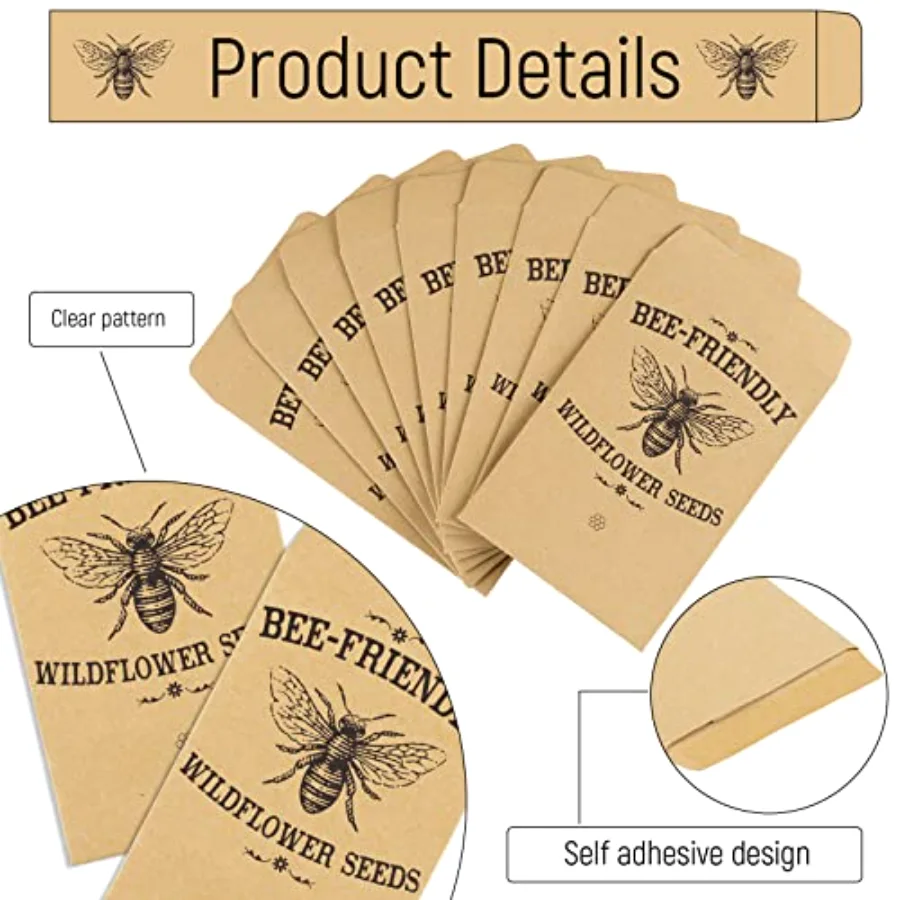 200 Pack Bee Friendly Self-Adhesive Coin Envelope Wildflower Seed Kraft, view 3