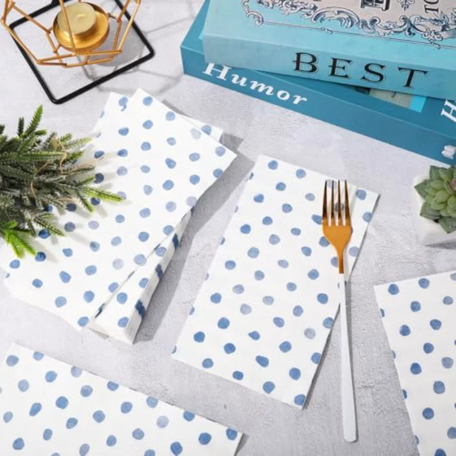 Polka Dots Guest Napkins White Blue 3 Ply Disposable Paper Napkins Dinner, view 4