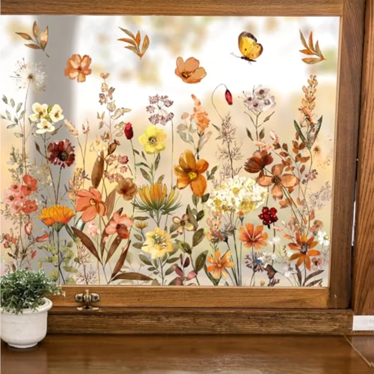 6 Sheets Fall Vintage Wildflower Window Clings Brown Wild Floral Reusable