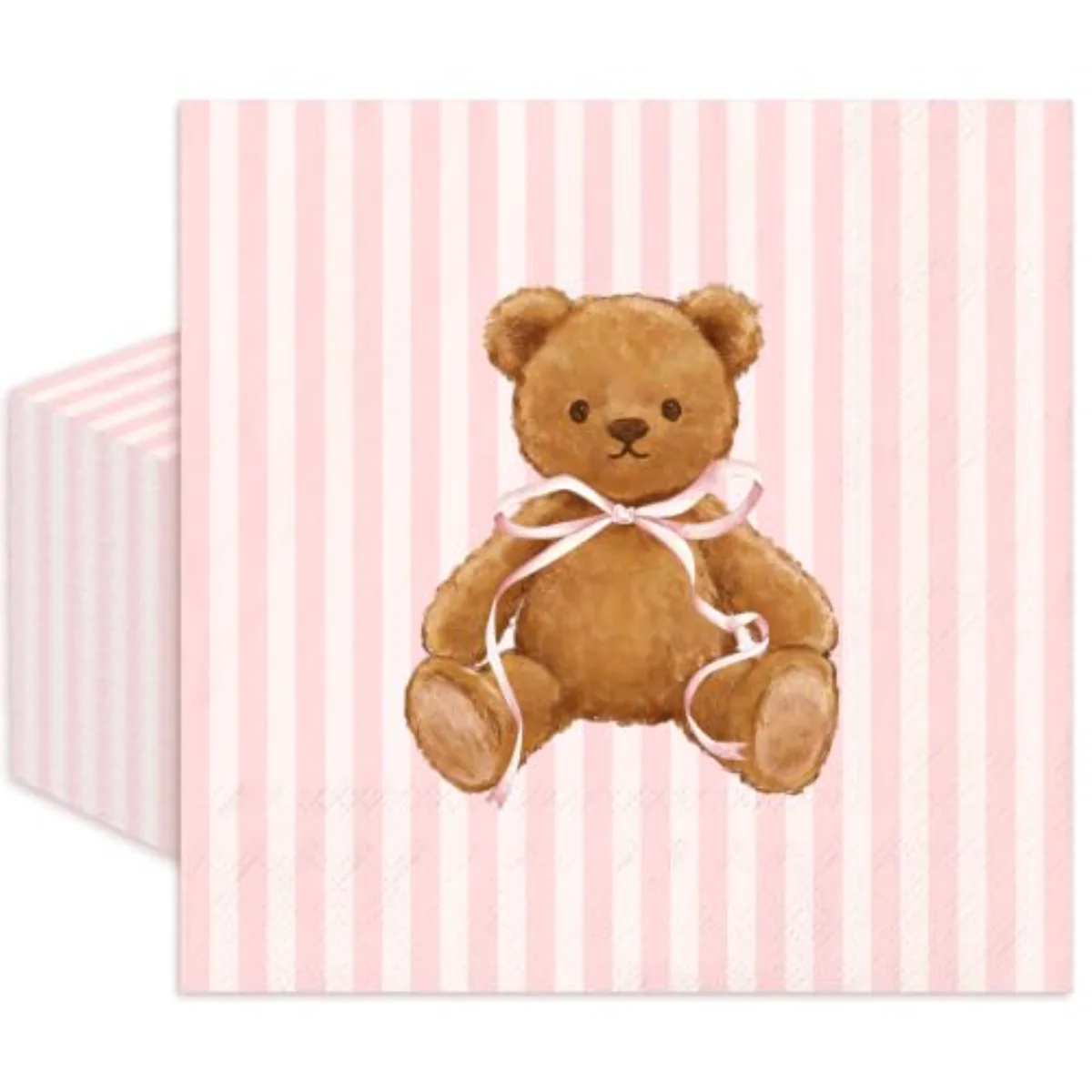 50Pcs Cute Bear Cocktail Napkins Pink Beige Striped Paper Napkin