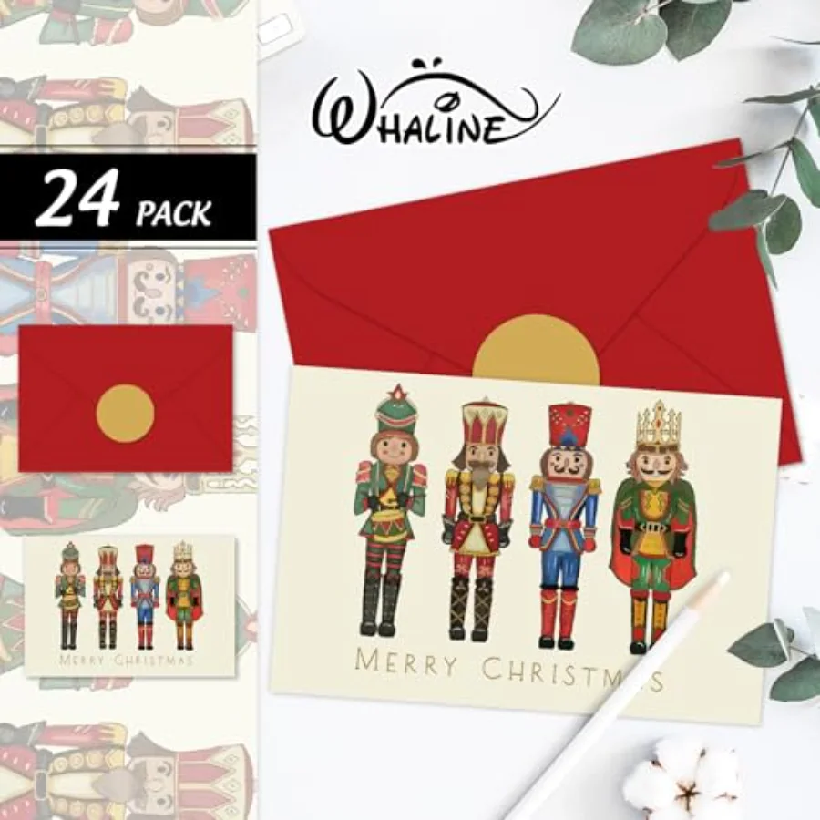24 Pack Merry Christmas Greeting Cards Cartoon Nutcracker Blank Note Cards, view 3