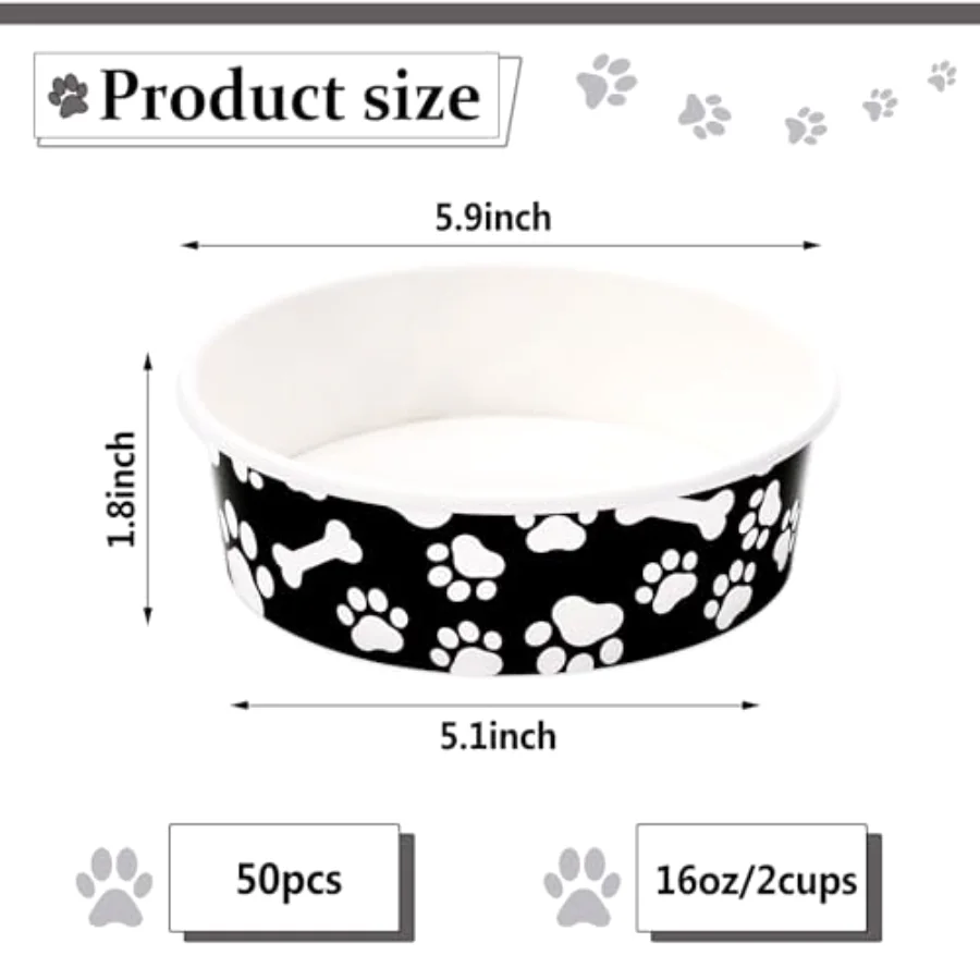 50Pcs Pet Disposable Feeding Bowls Black White Paper Dog Bowls Small Dog, view 2