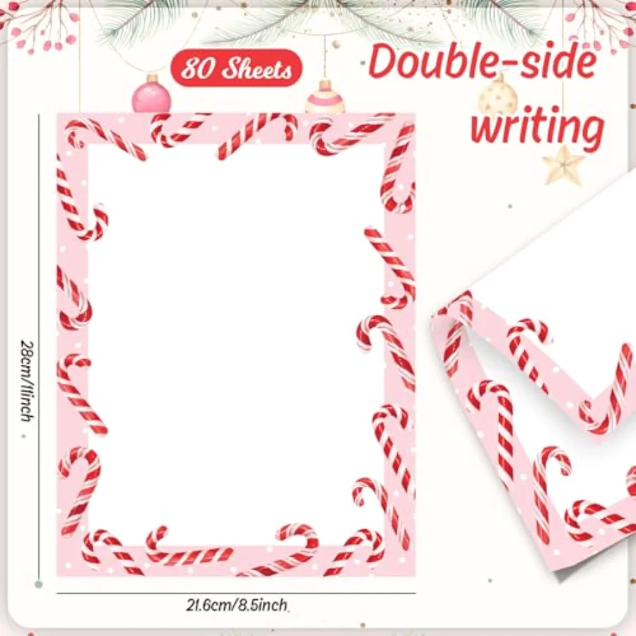 80 Sheet Christmas Stationery Paper Letterhead Pink Xmas Candy Cane, view 2
