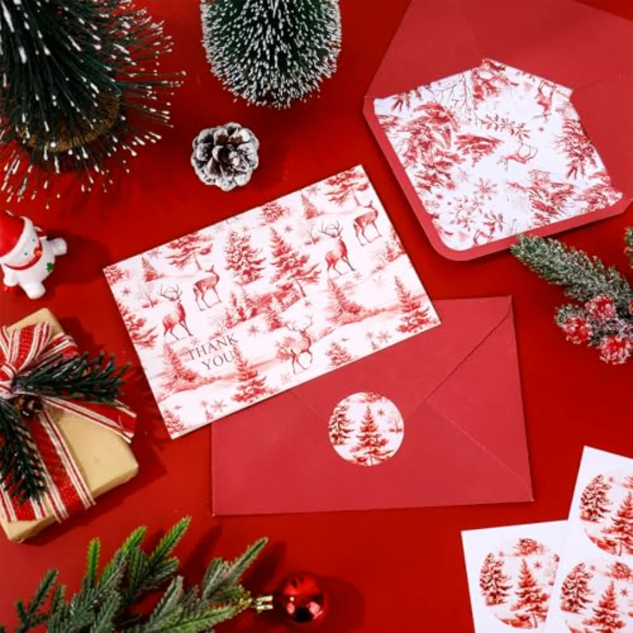 24Pcs Winter Thank You Cards with Envelopes Stickers Blank Note Cards Red, view 3