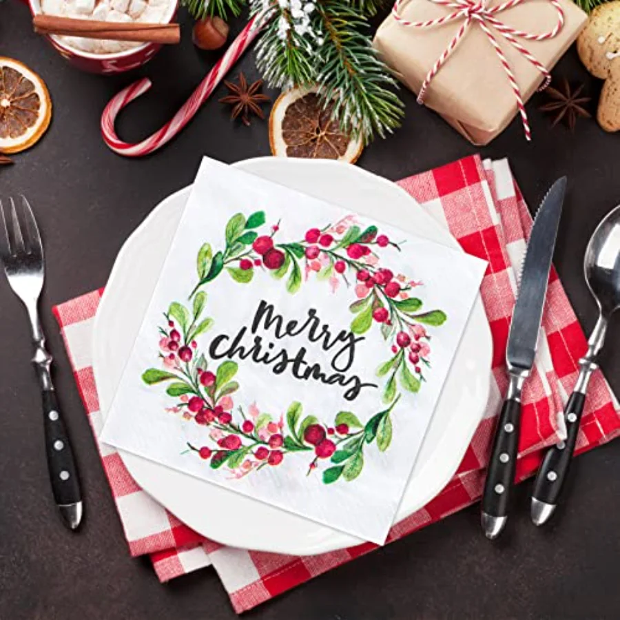 100 Pack Merry Christmas Paper Napkins Watercolor Style Wreath Pattern, view 4
