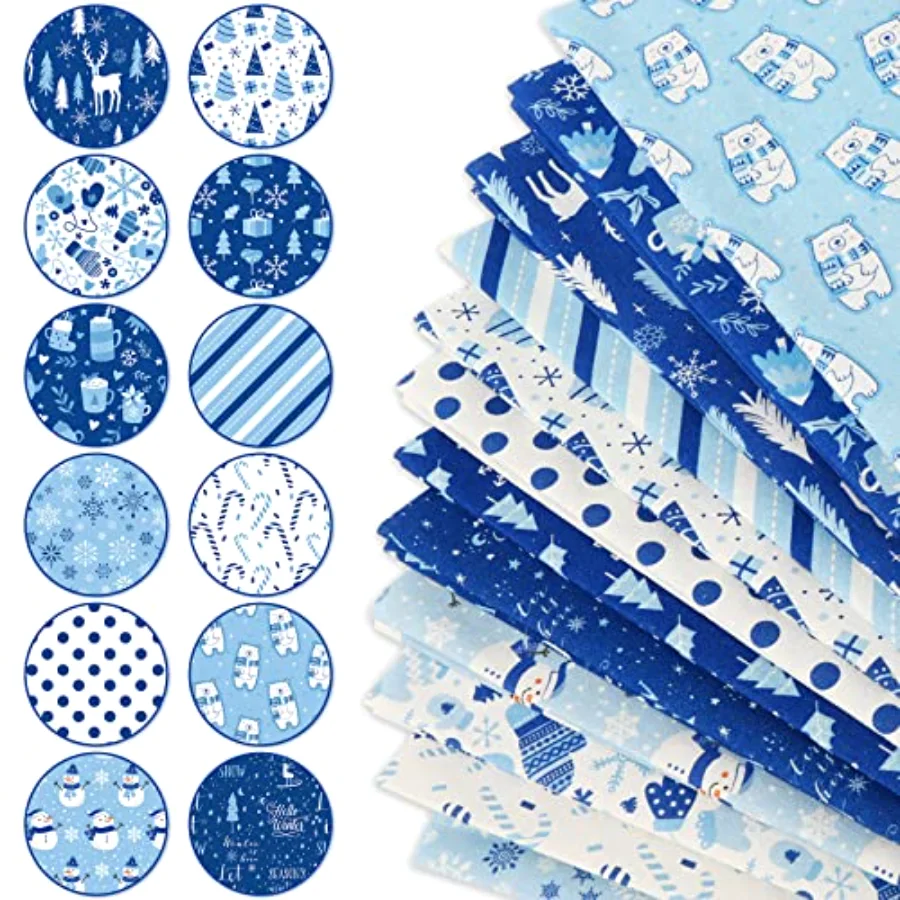 12Pcs 18" x 22" Christmas Fat Quarter Fabric Bundles Winter Blue White, view 3