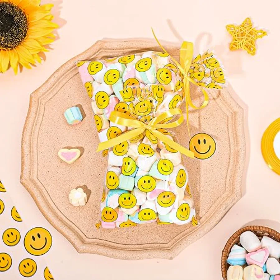 100Pcs Smile Pattern Cellophane Treat Bags with Yellow Ribbons Cute Smile, view 4