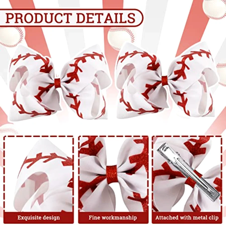 2Pcs Baseball Glitter Hair Bow Clips Red and White Baseball Cheer, view 3