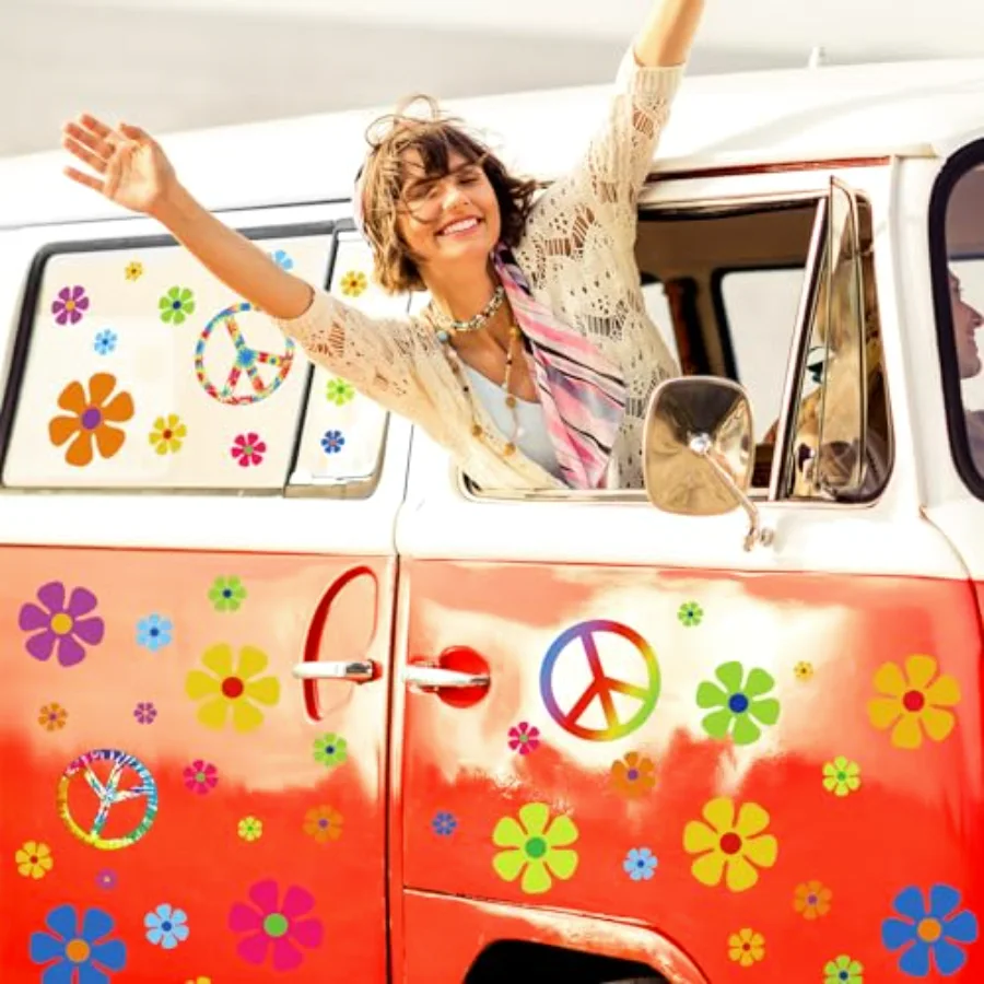 9 Sheets 60’s Hippie Window Clings Retro Double-Sided Colorful Sun Flower, view 2
