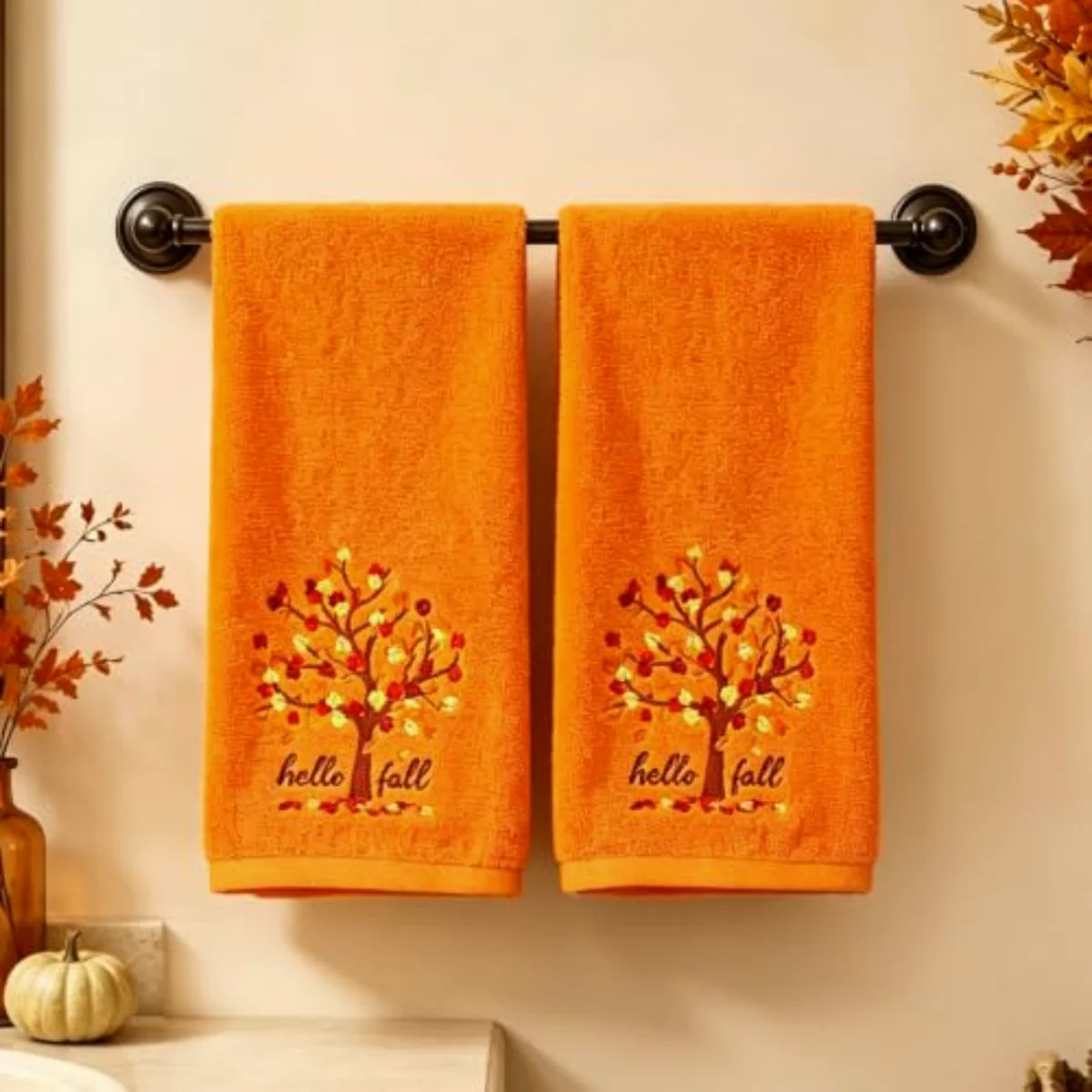 2 Pcs Hello Fall Tree Hand Towels Embroidered Cotton Bathroom Towel Orange