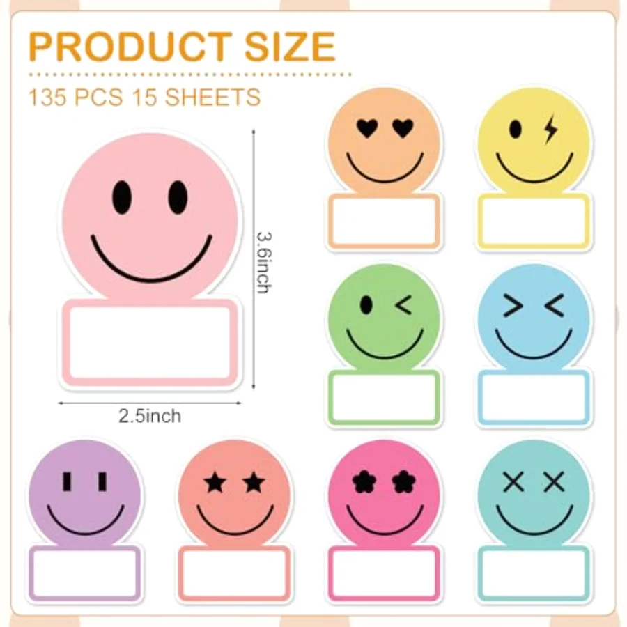 135Pcs Pastel Smile Face Name Tag Stickers 9 Designs Nameplate Decals Cute, view 2