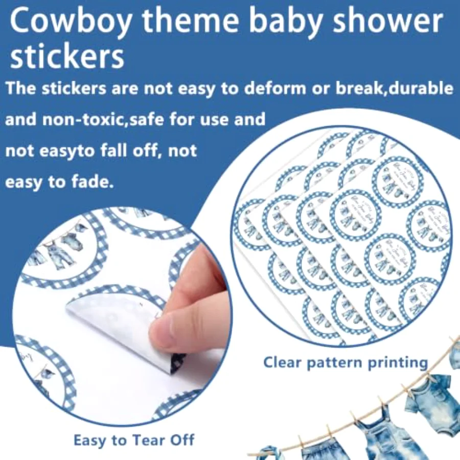 100 Pcs Blue Jean Baby Shower Stickers 2 Inch Round A Little Blue Jean, view 3