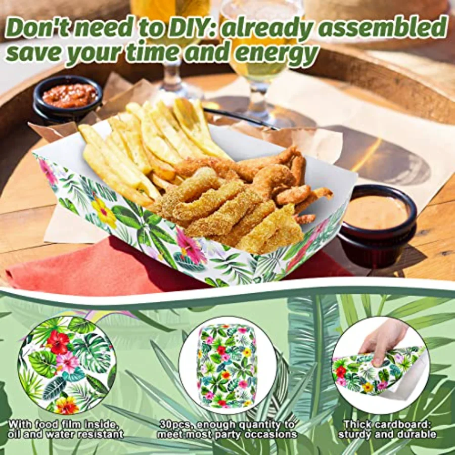 1 Lb Hawaiian Pre-Assembled Food Trays Luau Palm Leaves Disposable Paper, view 3