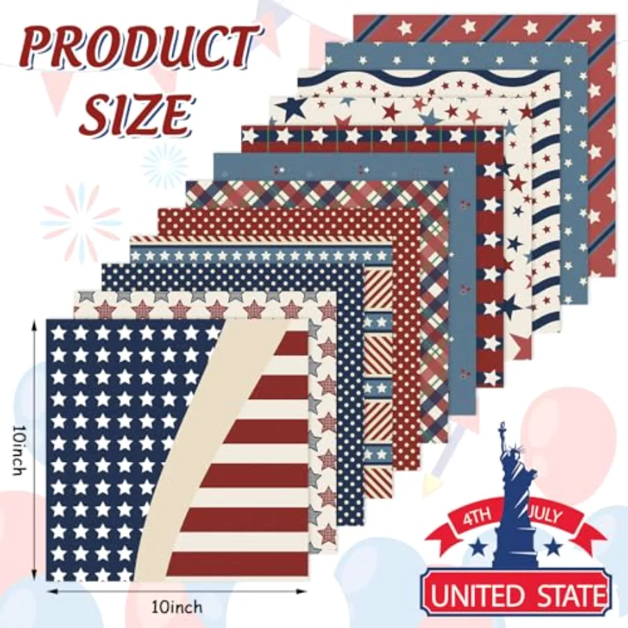 12 Pcs Patriotic Cotton Fabric Bundles Vintage Plaid Stripe Star Fabric, view 2