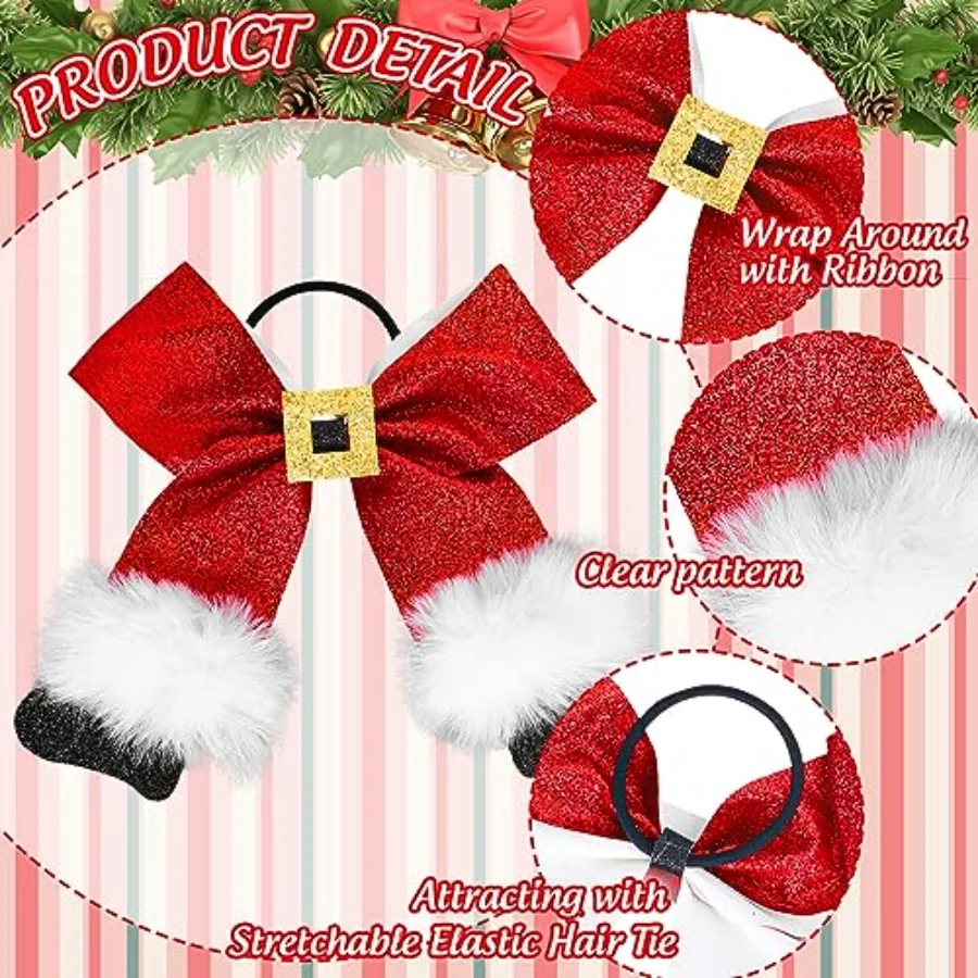 4 Pcs Christmas Cheer Hair Bows Hair Ties Glitter Large Santa Claus Ribbon, view 3