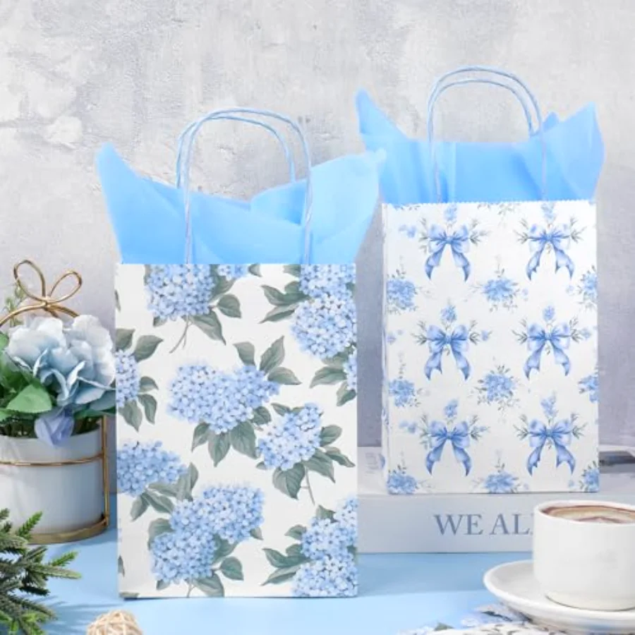 16Pcs Blue Floral Paper Bag with Handles 20 Sheets Tissue Paper Treat Bags, view 4