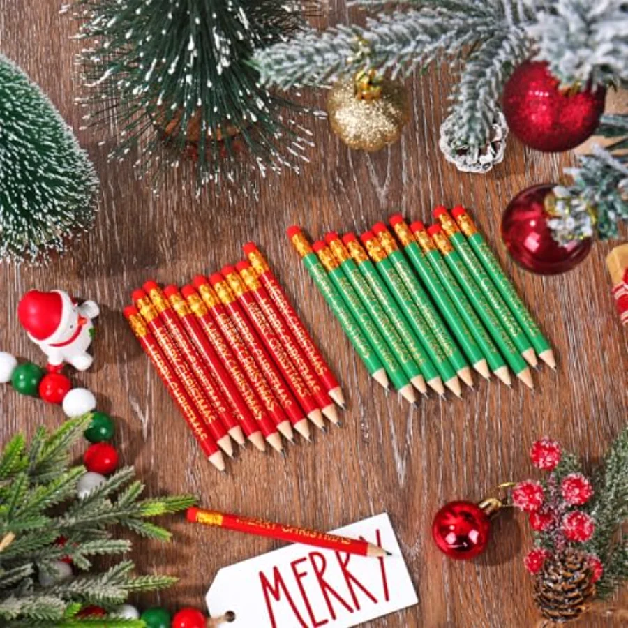 50Pcs Christmas Short Pencils with Erasers Gold Foil Merry Christmas Wood, view 3