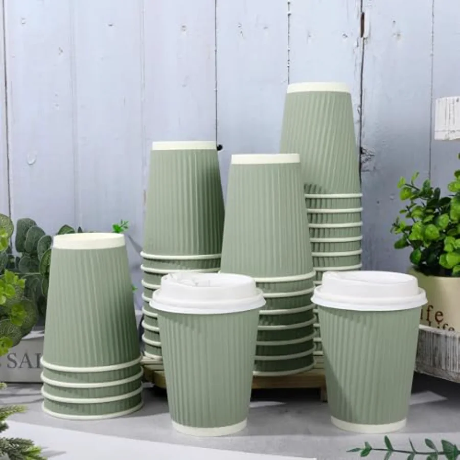 100 Pcs Sage Green Disposable Coffee Cups with Lids 12 Oz Solid Green, view 4