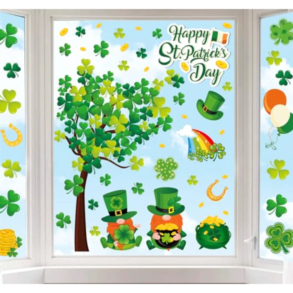 6 Sheets St. Patrick's Day Window Clings Large Clover Tree Gnome Window