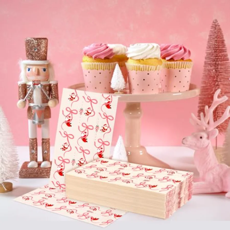 50 Pcs Christmas Bow Santa Guest Paper Napkins Pink Claus Disposable, view 4