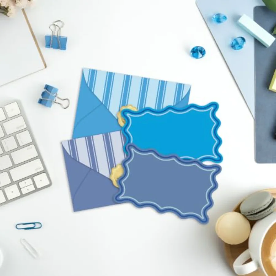 60Pcs Flat Blank Notes with Envelopes 4 Gradient Blue Wavy Border Blank, view 4