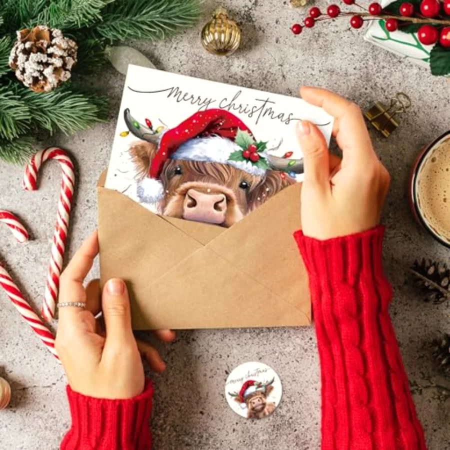 36Pcs Christmas Highland Cow Thank You Cards Xmas Hat Brown Cow Note Cards, view 4