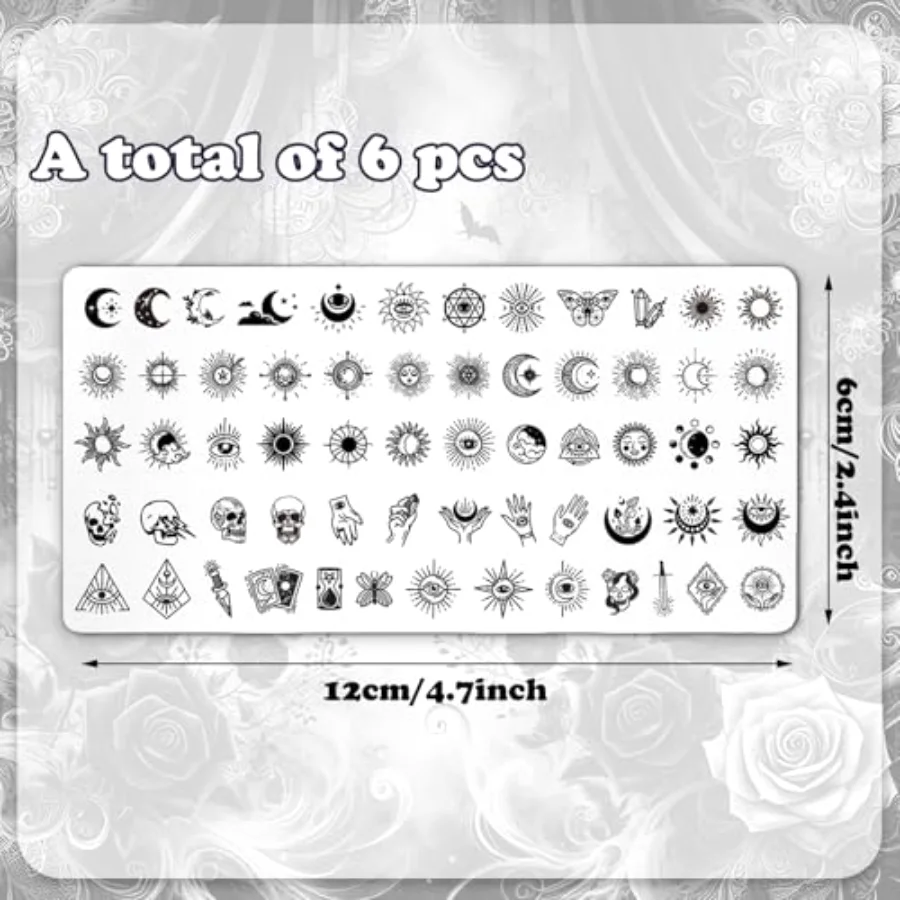 6 Pcs Gothic Halloween Nail Plates Stamping Set Skull Evil Eye Moon Stamp, view 2