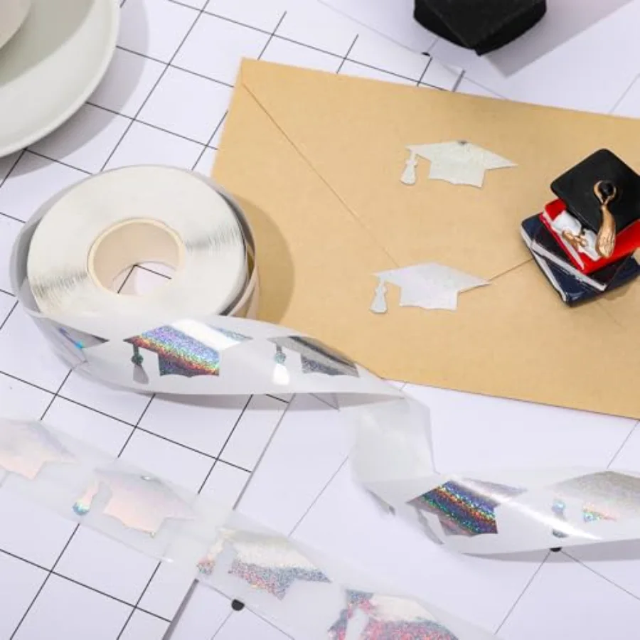 600Pcs Graduation Cap Stickers Silver Holographic Graduation Hat Sealing, view 3