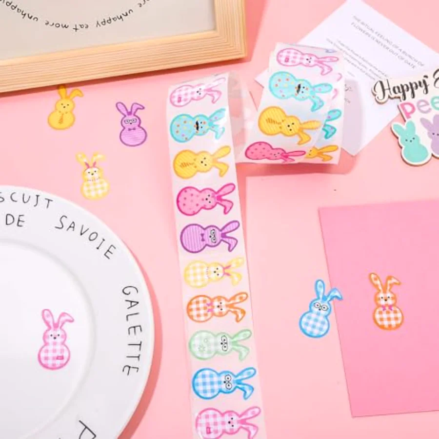 1000Pcs Easter Bunny Stickers Roll Cute Colorful Rabbit Paper Decals 9, view 3