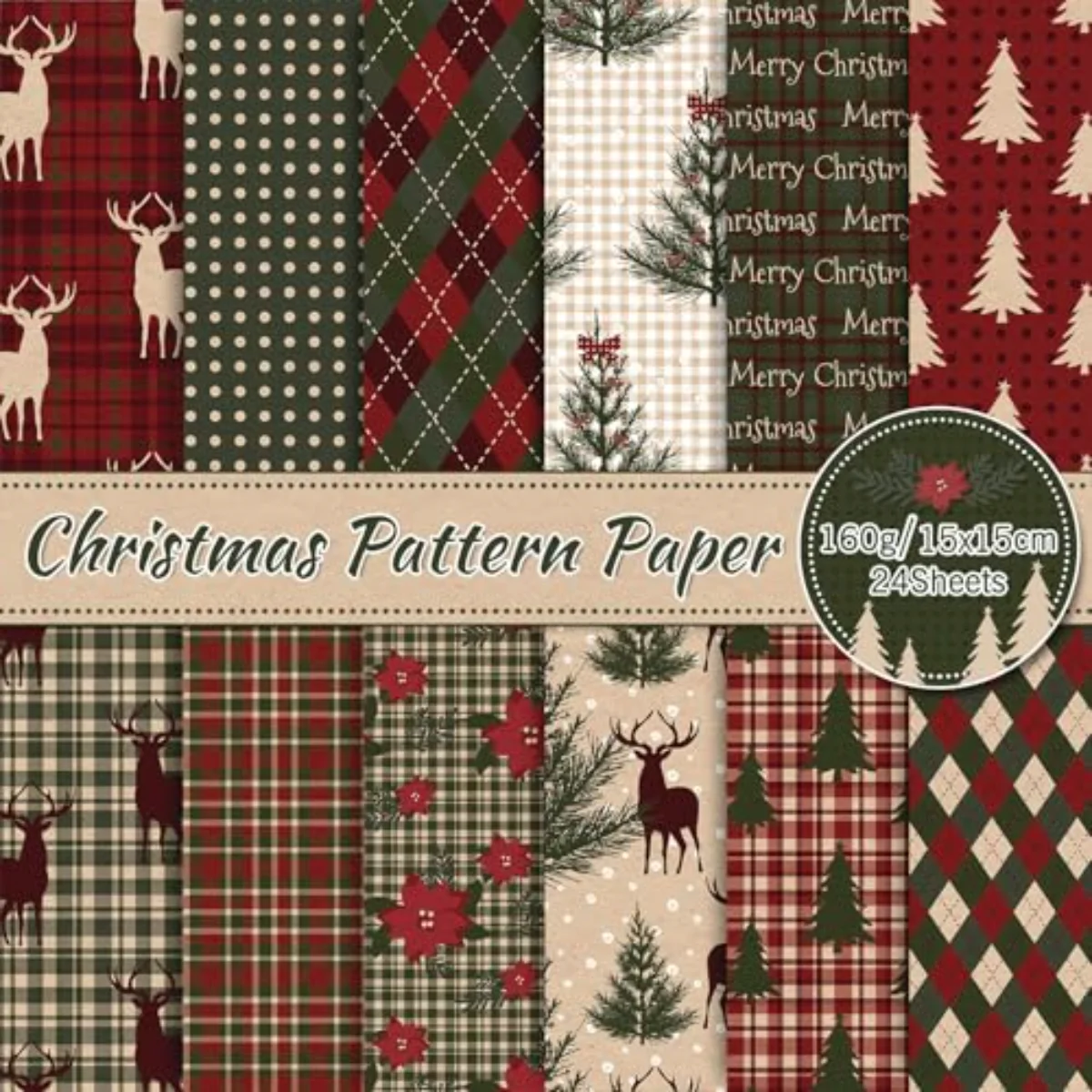 24 Sheets Merry Christmas Pattern Paper Plaid Woodland Scrapbook Specialty