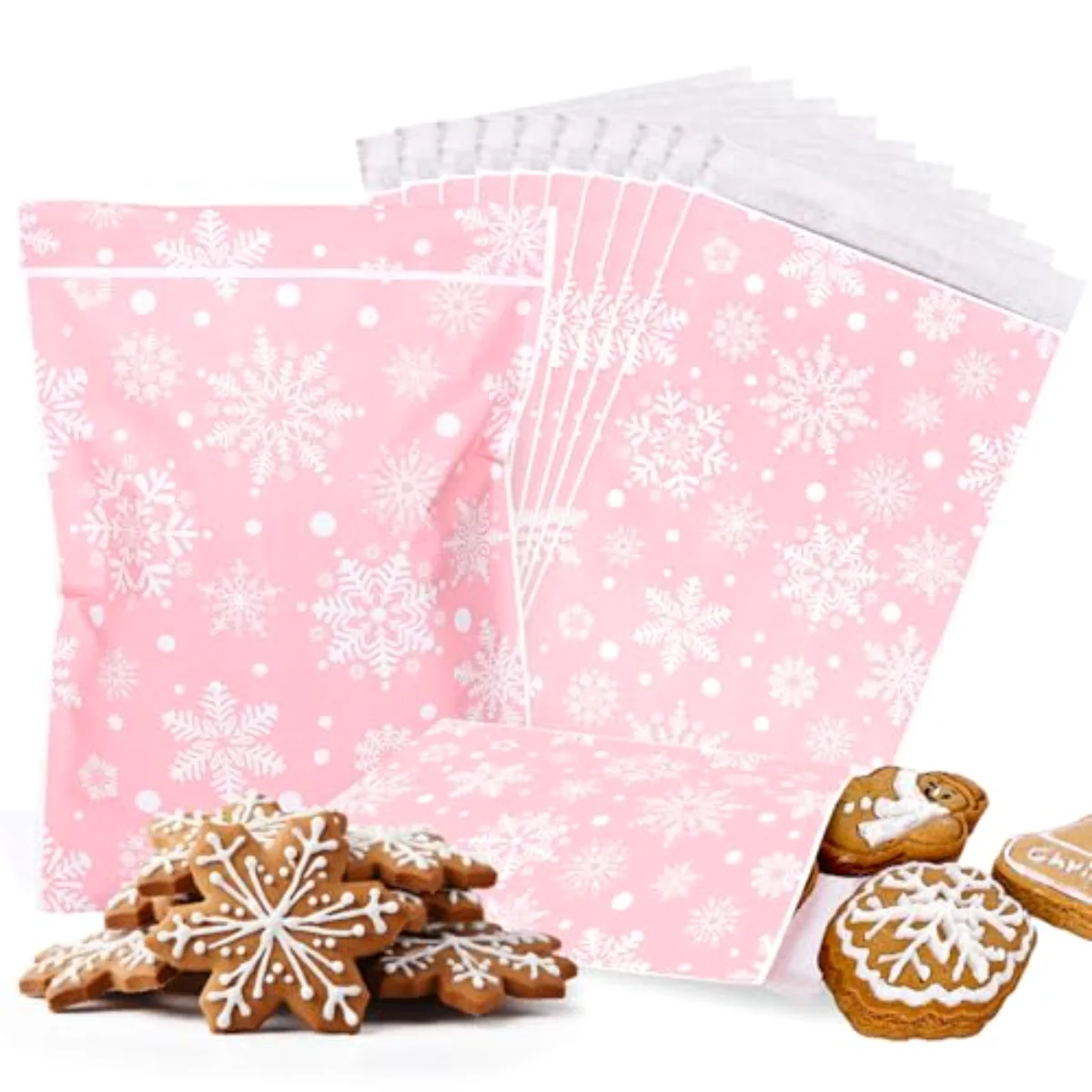 100Pcs Winter Snowflake Treat Bags Pink Self-Adhesive Snowflake Candy