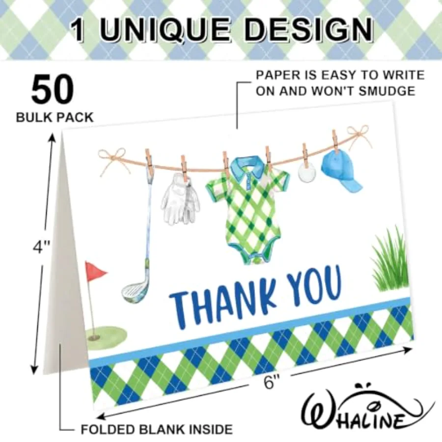 50 Pack Golf Baby Shower Thank You Cards Greeting Card with Envelopes, view 2