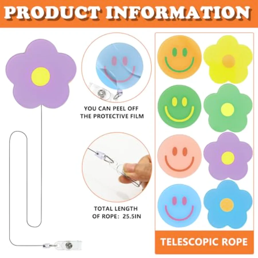 8Pcs Flower Smile Face Badge Reel with Clips Retractable Cord Pastel, view 3