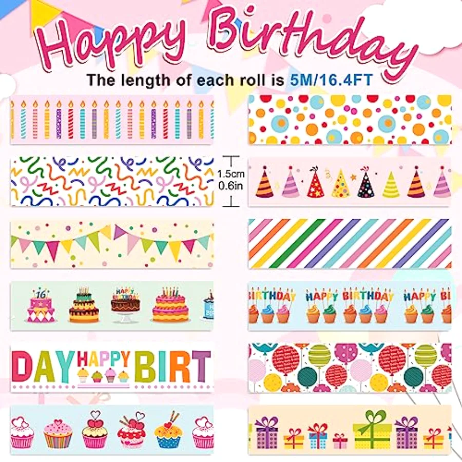 12 Roll Happy Birthday Washi Tape Cartoon Colorful Cake Candles Washi, view 2