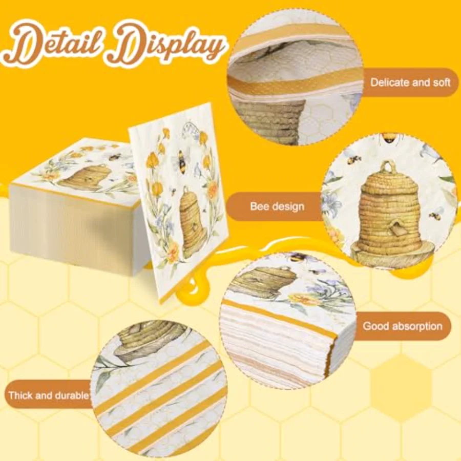 80Pcs Bee Flower Paper Napkins Disposable Summer Bee Yellow Luncheon, view 3