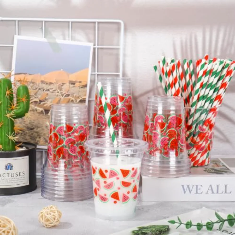 50 Pcs Watermelon Plastic Cups with Lids and Straws Red Pink Watermelon, view 4