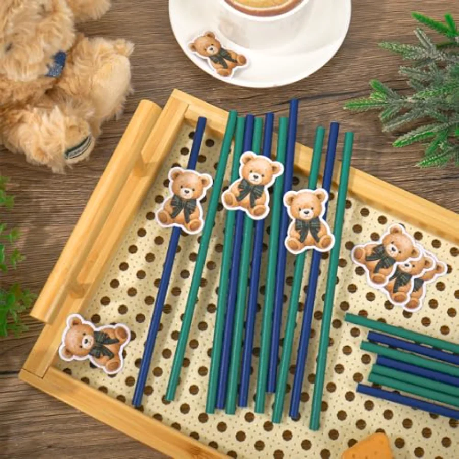 60Pcs Tartan Plaid Bear Paper Straws Baby Shower Drinking Straws Blue, view 3